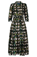 Audrey Dress #4 Shirt Collar 3/4 Sleeve Midi Plus Length Wool (Tie Dye Square Multi Dark) - Taupe Green