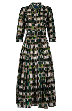 Audrey Dress #4 Shirt Collar 3/4 Sleeve Midi Plus Length Wool (Tie Dye Square Multi Dark) - Taupe Green