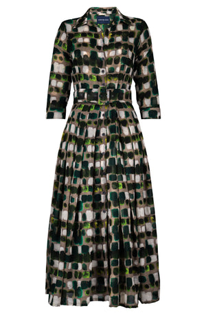 Audrey Dress #4 Shirt Collar 3/4 Sleeve Midi Plus Length Wool (Tie Dye Square Multi Dark) - Taupe Green