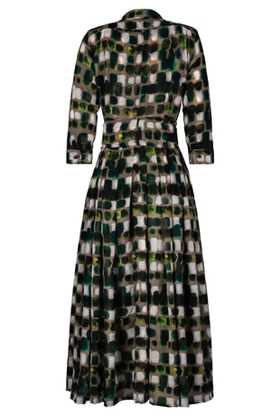 Audrey Dress #4 Shirt Collar 3/4 Sleeve Midi Plus Length Wool (Tie Dye Square Multi Dark) - Taupe Green