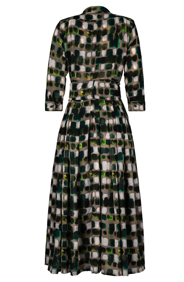 Audrey Dress #4 Shirt Collar 3/4 Sleeve Midi Plus Length Wool (Tie Dye Square Multi Dark) - Taupe Green