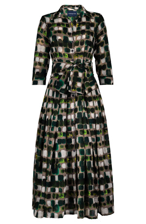 Audrey Dress #4 Shirt Collar 3/4 Sleeve Midi Plus Length Wool (Tie Dye Square Multi Dark) - Taupe Green