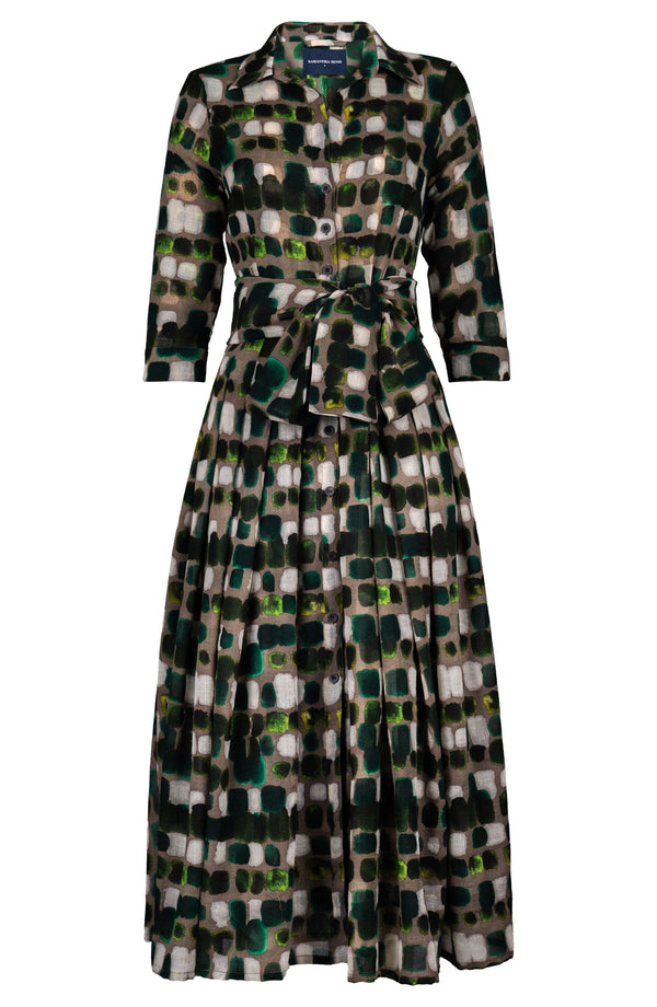 Audrey Dress #4 Shirt Collar 3/4 Sleeve Midi Plus Length Wool (Tie Dye Square Multi Dark) - Taupe Green