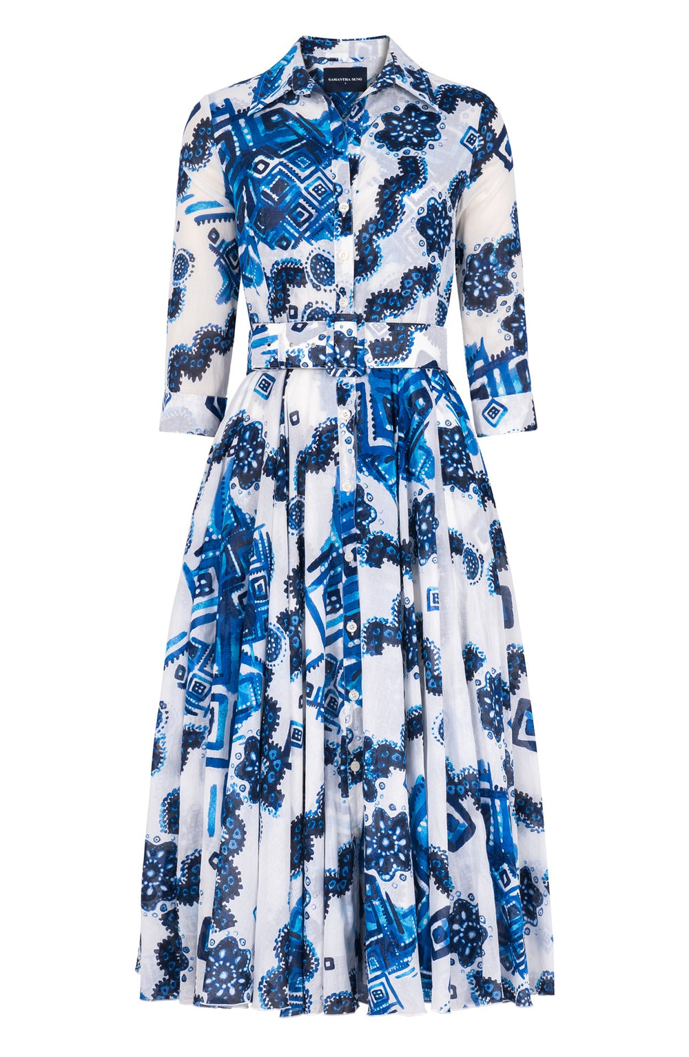 Aster Dress Shirt Collar 3/4 Sleeve Midi Length Cotton Musola (Tie Dye Izmir White)