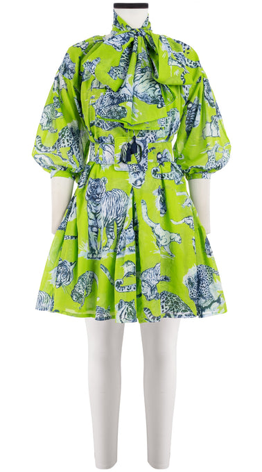 Birdy Dress Crew Neck 3/4 Sleeve with Hamilton Belt Mini Length Cotton Musola (Tiger Toile Bright)