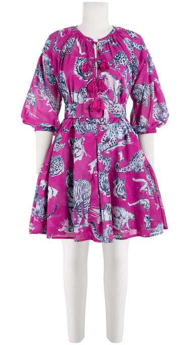 Birdy Dress Crew Neck 3/4 Sleeve with Hamilton Belt Mini Length Cotton Musola (Tiger Toile Bright)