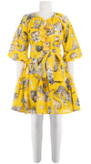 Birdy Dress Crew Neck 3/4 Sleeve with Hamilton Belt Mini Length Cotton Musola (Tiger Toile Bright)