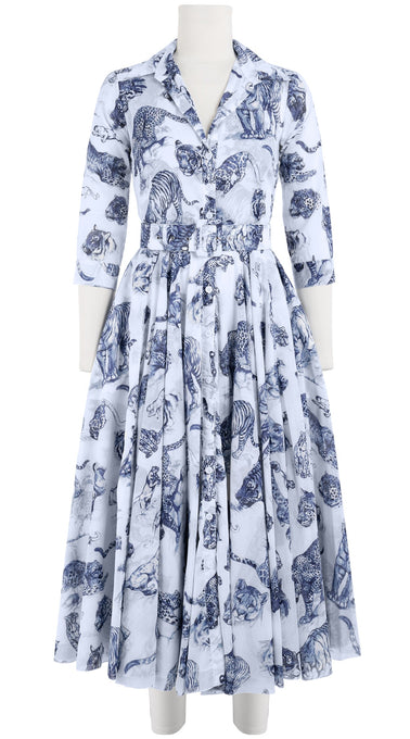 Aster Dress Shirt Collar 3/4 Sleeve Midi Length Cotton Musola (Tiger Toile Small)