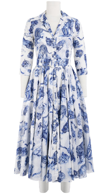 Aster Dress Shirt Collar 3/4 Sleeve Midi Length Cotton Musola (Tiger Toile Small)