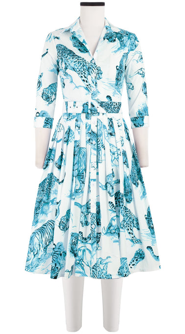 Audrey Dress #2 Shirt Collar 3/4 Sleeve Long Length Cotton Stretch (Tiger Toile White)