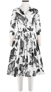 Audrey Dress #2 Shirt Collar 3/4 Sleeve Long Length Cotton Stretch (Tiger Toile White)