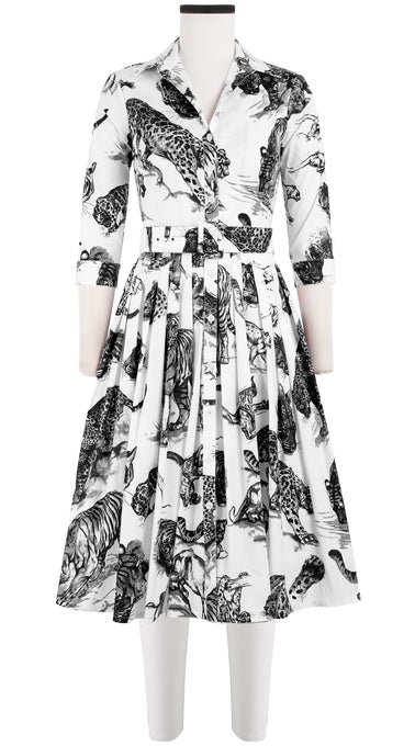 Audrey Dress #2 Shirt Collar 3/4 Sleeve Long Length Cotton Stretch (Tiger Toile White)