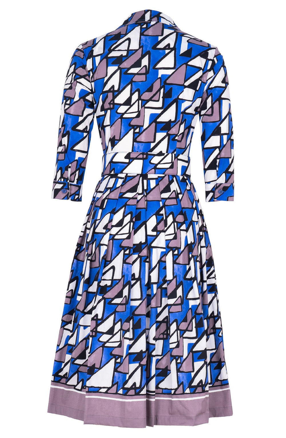 Audrey Dress #1 Shirt Collar 3/4 Sleeve Long Length Cotton Stretch (Triangle Hand Print)