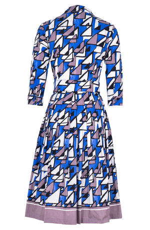 Audrey Dress #1 Shirt Collar 3/4 Sleeve Long Length Cotton Stretch (Triangle Hand Print)