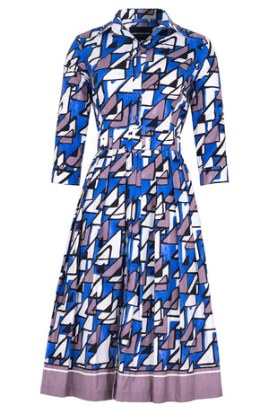 Audrey Dress #1 Shirt Collar 3/4 Sleeve Long Length Cotton Stretch (Triangle Hand Print)