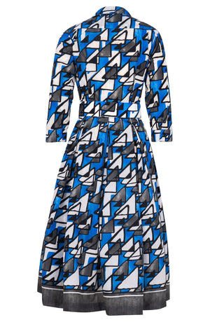 Audrey Dress #7 Shirt Collar 3/4 Sleeve Midi Length Poliamide Taffta (Triangle Hand Print)