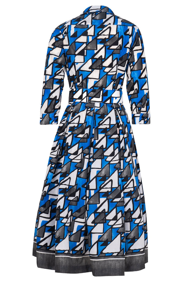 Audrey Dress #7 Shirt Collar 3/4 Sleeve Midi Length Poliamide Taffta (Triangle Hand Print)