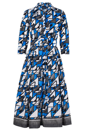 Audrey Dress #7 Shirt Collar 3/4 Sleeve Midi Length Poliamide Taffta (Triangle Hand Print)