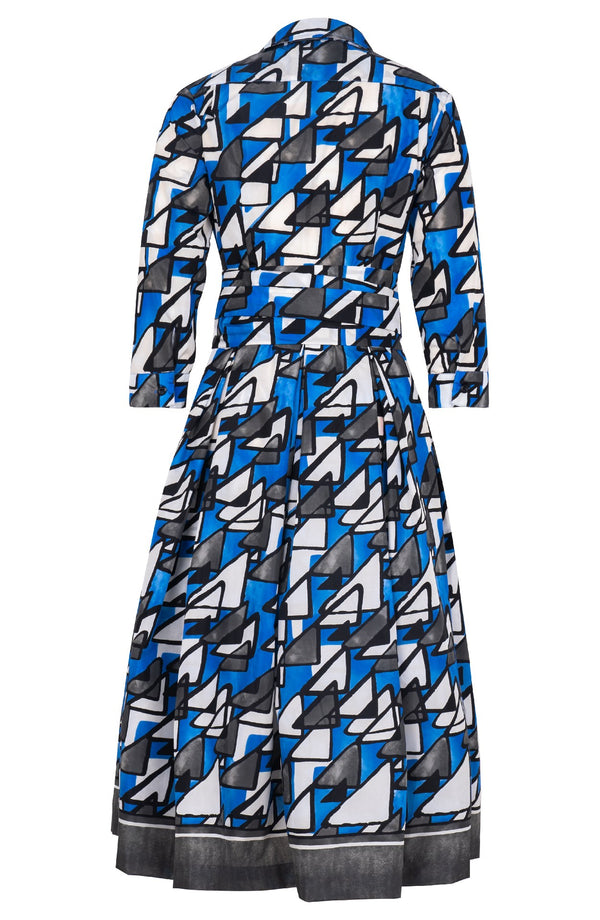 Audrey Dress #7 Shirt Collar 3/4 Sleeve Midi Length Poliamide Taffta (Triangle Hand Print)