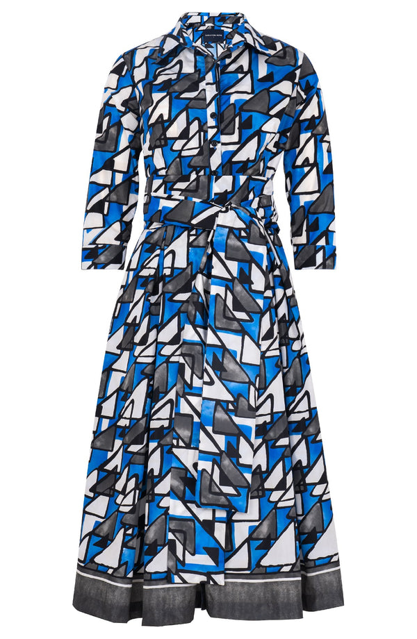 Audrey Dress #7 Shirt Collar 3/4 Sleeve Midi Length Poliamide Taffta (Triangle Hand Print)