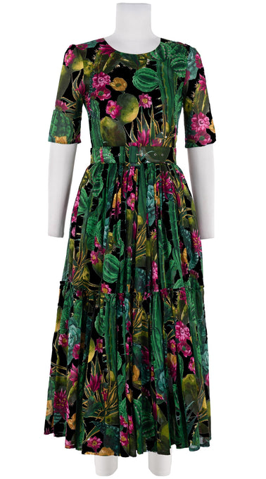 Melanie Dress #1 Crew Neck 1/2 Sleeve Midi Plus Length Cotton Musola (Tropical Cactus)