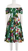 Florance Dress #7 Off Shoulder Short Tuck Sleeve Long Length Cotton Stretch (Tropical Cactus)