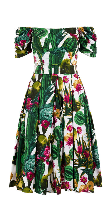 Florance Dress #7 Off Shoulder Short Tuck Sleeve Long Length Cotton Stretch (Tropical Cactus)