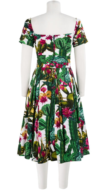 Florance Dress #7 Square Elastic Neck Short Tuck Sleeve Long Length Cotton Stretch (Tropical Cactus)