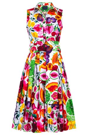 Audrey Dress #2 Shirt Collar Sleeveless Long Length Cotton Stretch (Tropical Fruite)