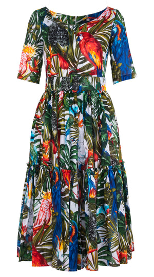 Melanie Dress Boat Neck 1/2 Sleeve Midi Length Musola (Tropical Parrot) @1