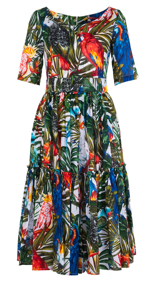 Melanie Dress Boat Neck 1/2 Sleeve Midi Length Musola (Tropical Parrot) @1