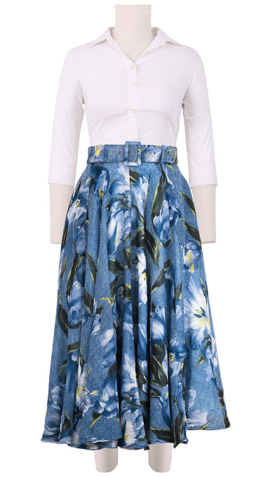 Aster Skirt #1 with Belt Midi Length Wool Musola (Tweety Tulip Big)