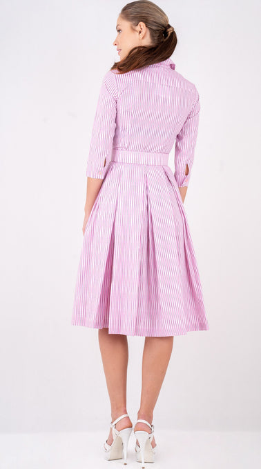 Audrey Dress #7 Shirt Collar 3/4 Sleeve Long Length Poplin (Twist Stripe Pastel)