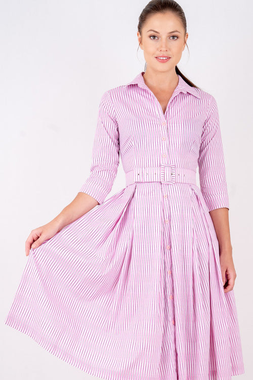 Audrey Dress #7 Shirt Collar 3/4 Sleeve Long Length Poplin (Twist Stripe Pastel)