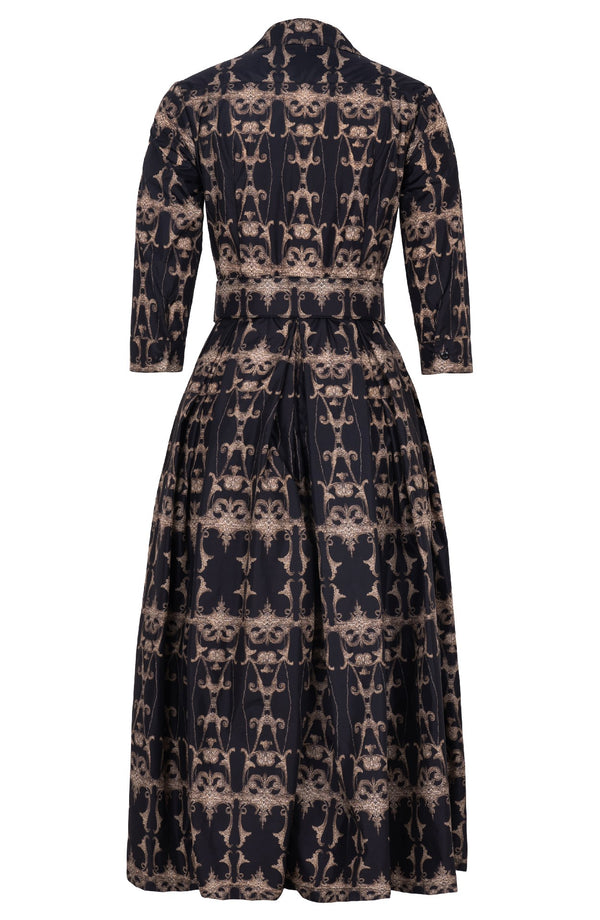 Audrey Dress #7 Shirt Collar 3/4 Sleeve Midi Plus Length Poliamide Taffta (Uffizi Ornament Dark)