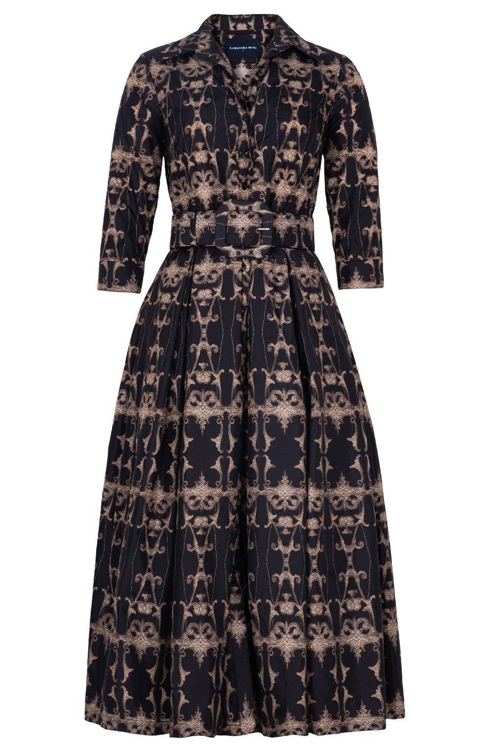 Audrey Dress #7 Shirt Collar 3/4 Sleeve Midi Plus Length Poliamide Taffta (Uffizi Ornament Dark)