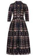 Audrey Dress #7 Shirt Collar 3/4 Sleeve Midi Plus Length Poliamide Taffta (Uffizi Ornament Dark)