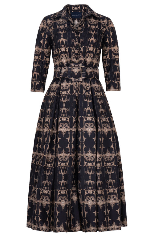 Audrey Dress #7 Shirt Collar 3/4 Sleeve Midi Plus Length Poliamide Taffta (Uffizi Ornament Dark)
