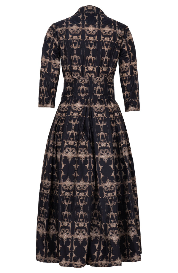 Audrey Dress #7 Shirt Collar 3/4 Sleeve Midi Plus Length Poliamide Taffta (Uffizi Ornament Dark)