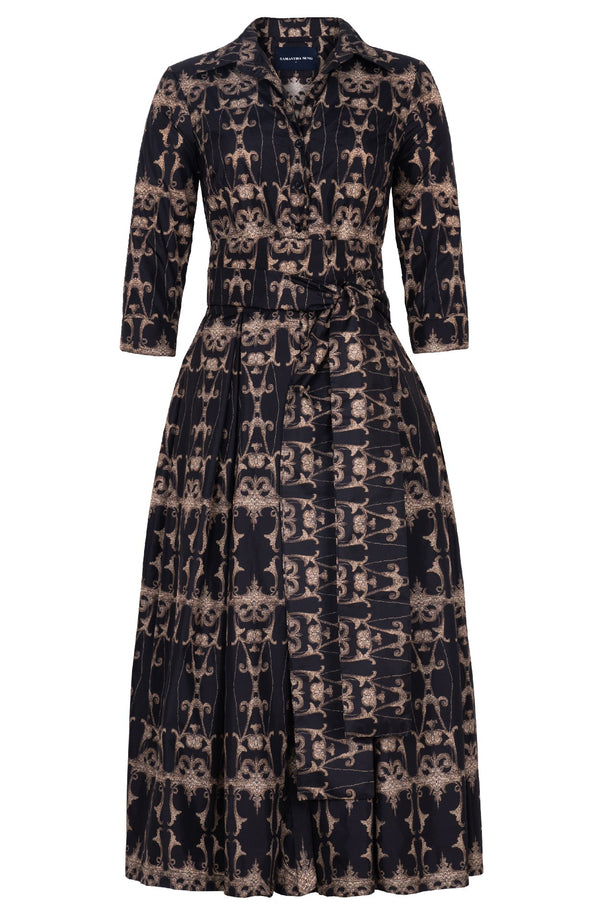 Audrey Dress #7 Shirt Collar 3/4 Sleeve Midi Plus Length Poliamide Taffta (Uffizi Ornament Dark)