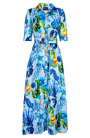 Abel Dress Shirt Collar 1/2 Sleeve Ankle Length Linen (Under The Sea)
