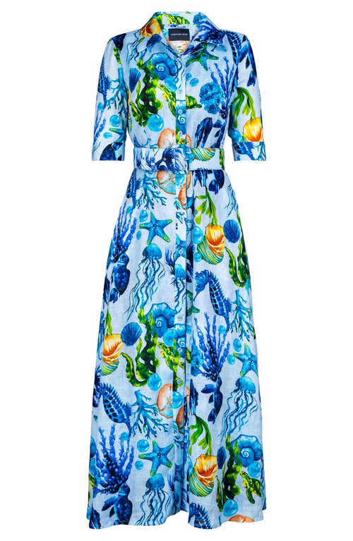 Abel Dress Shirt Collar 1/2 Sleeve Ankle Length Linen (Under The Sea)
