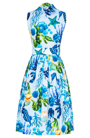 Audrey Dress #1 Shirt Collar Sleeveless Long Length Cotton Stretch (Under The Sea)