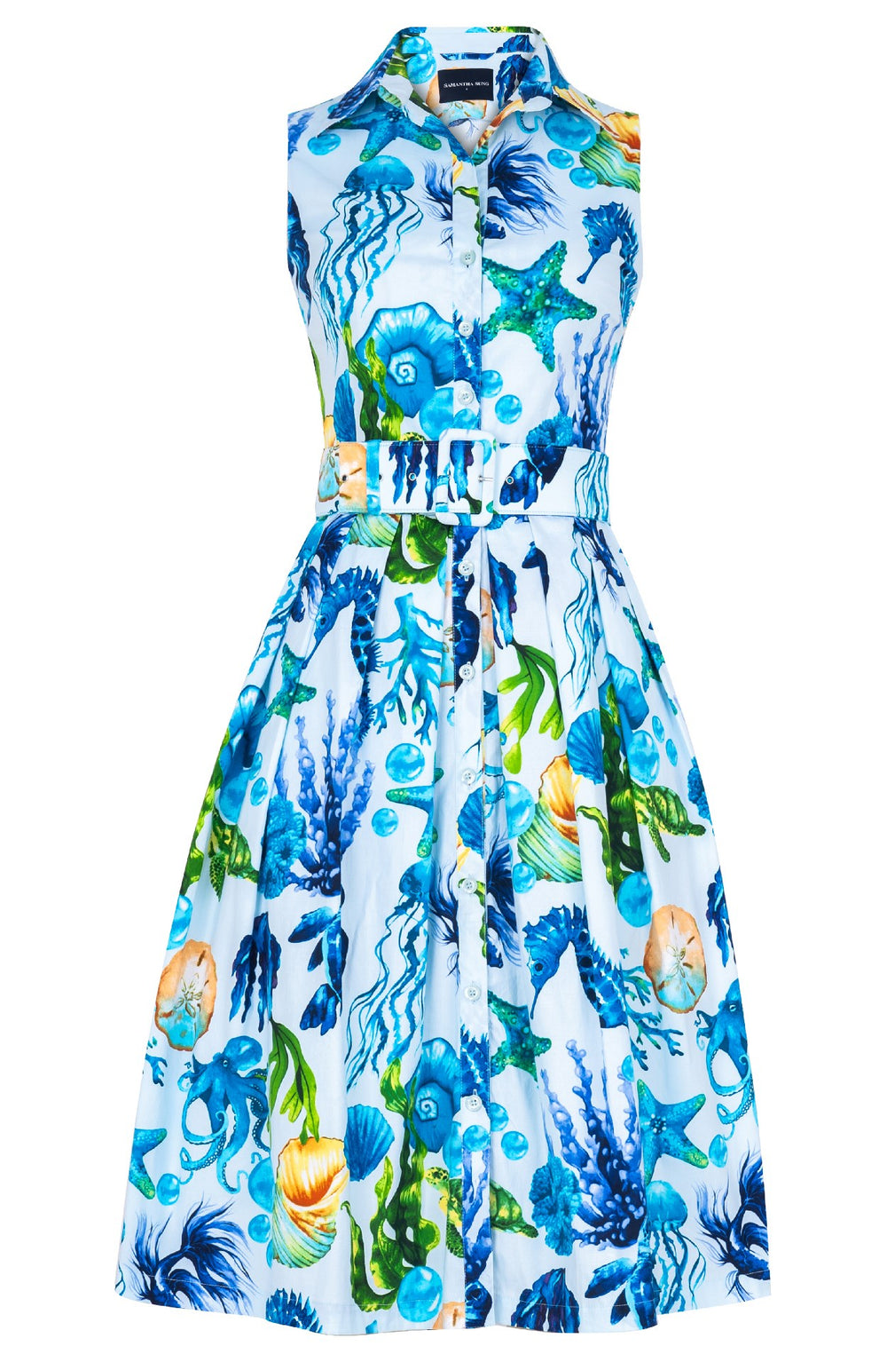 Audrey Dress #1 Shirt Collar Sleeveless Long Length Cotton Stretch (Under The Sea)