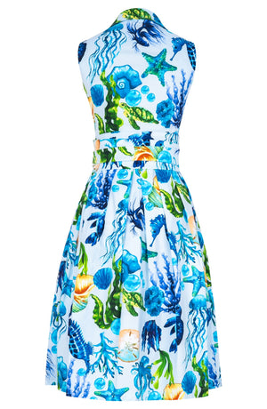 Audrey Dress #1 Shirt Collar Sleeveless Long Length Cotton Stretch (Under The Sea)