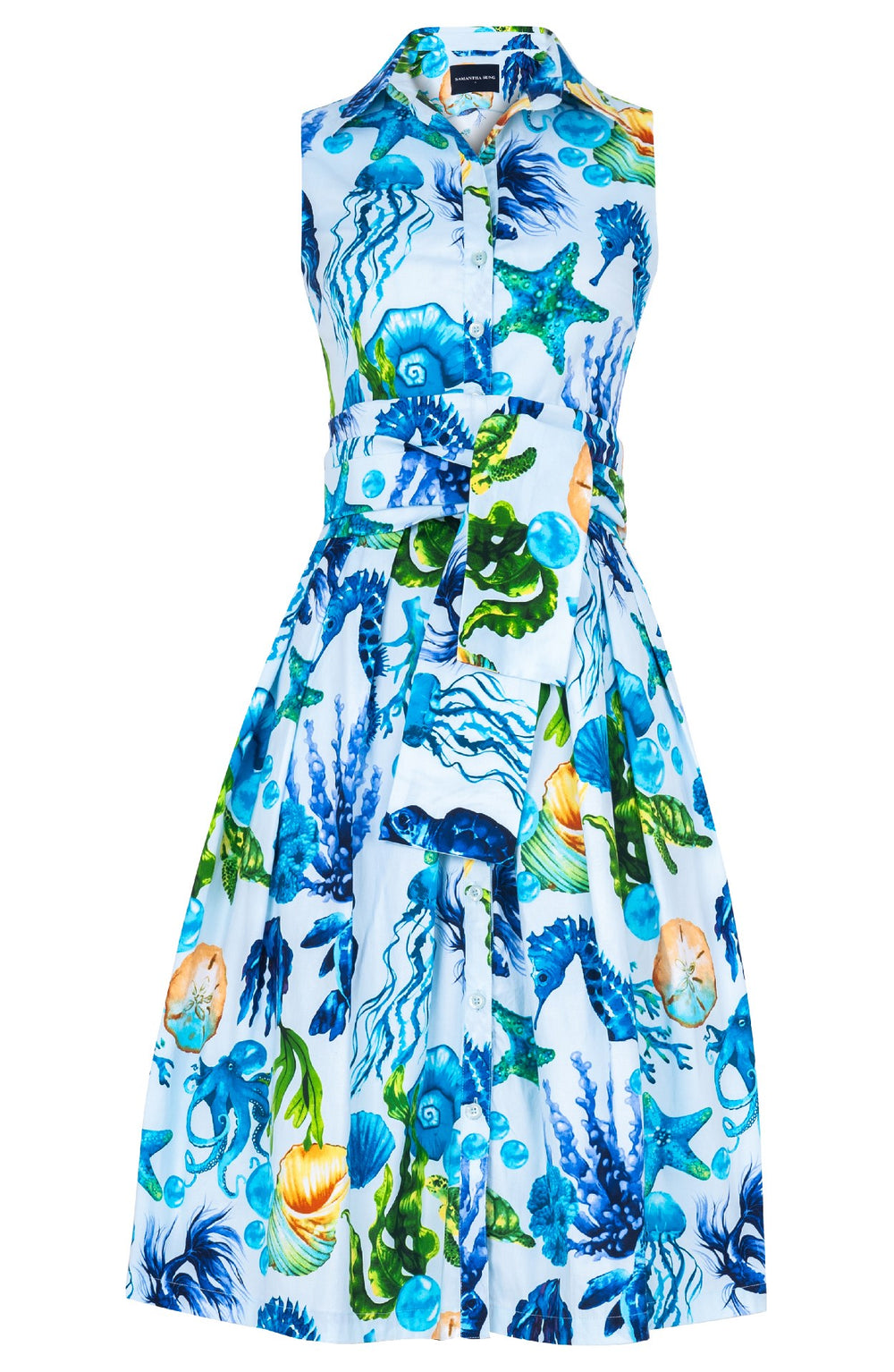 Audrey Dress #1 Shirt Collar Sleeveless Long Length Cotton Stretch (Under The Sea)