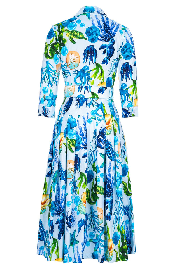 Audrey Dress #4 Shirt Collar 3/4 Sleeve Midi Length Cotton Stretch (Under The Sea)