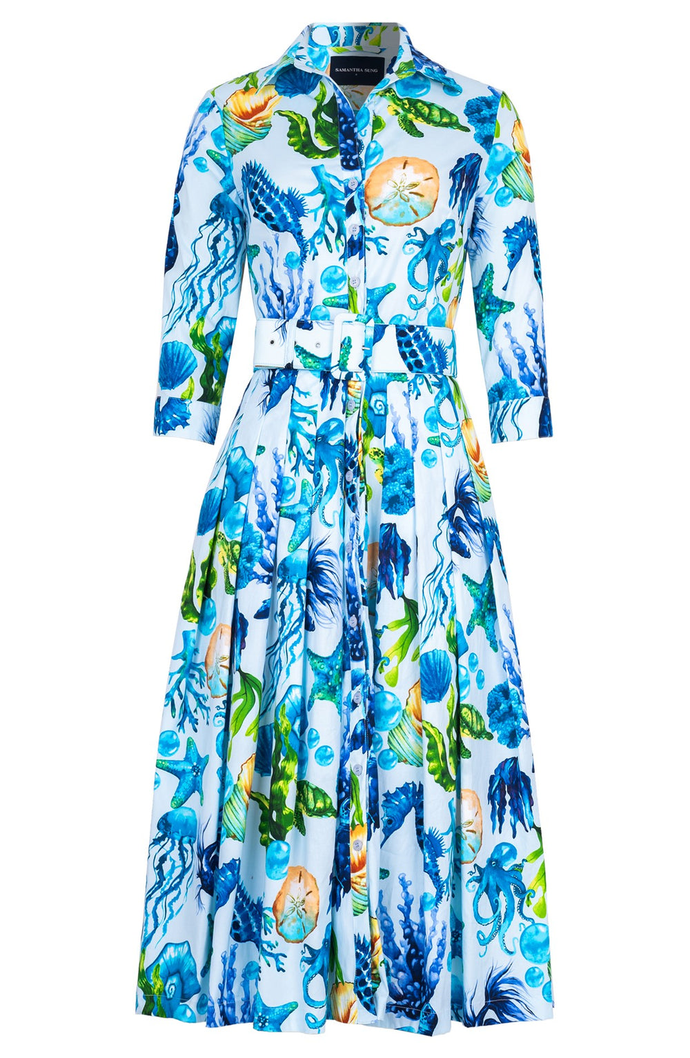 Audrey Dress #4 Shirt Collar 3/4 Sleeve Midi Length Cotton Stretch (Under The Sea)