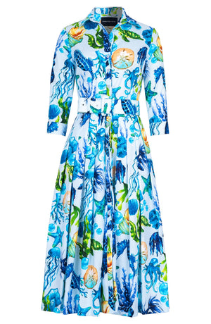 Audrey Dress #4 Shirt Collar 3/4 Sleeve Midi Length Cotton Stretch (Under The Sea)