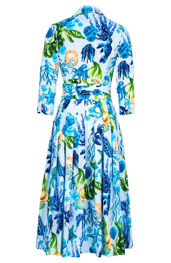 Audrey Dress #4 Shirt Collar 3/4 Sleeve Midi Length Cotton Stretch (Under The Sea)